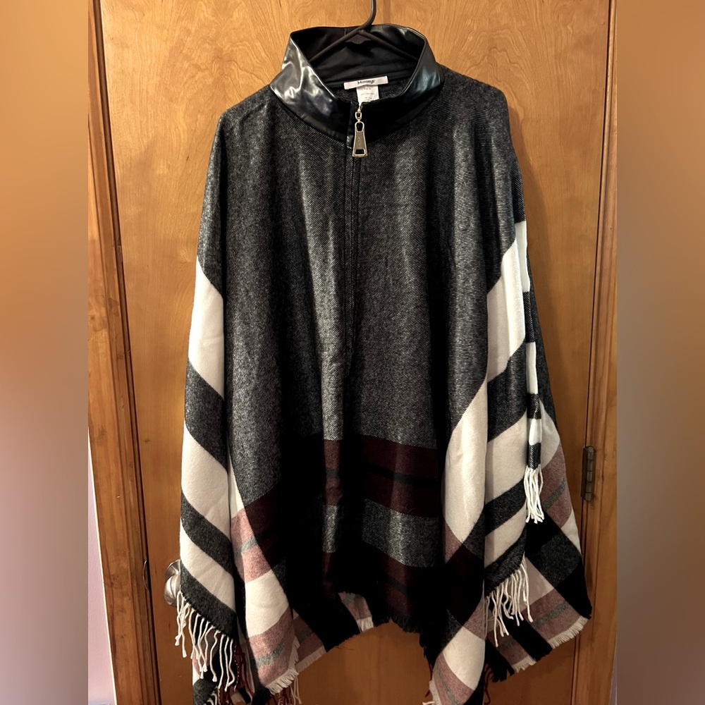 New. Masseys Stripe Zip-Up Poncho Sweater with Faux Leather Collar